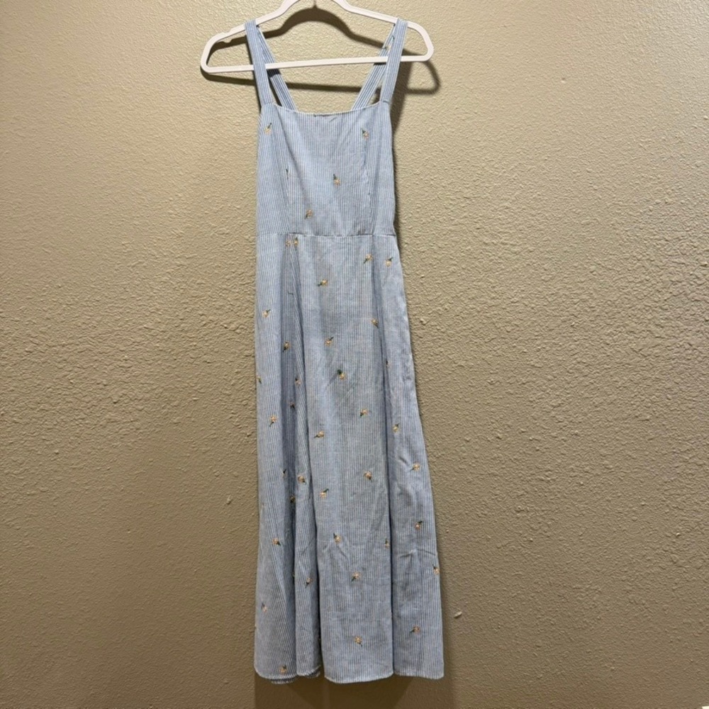 Sensemill Midi Dress S‎ Blue Pinstripe Floral Embroidered Cottagecore Sundress